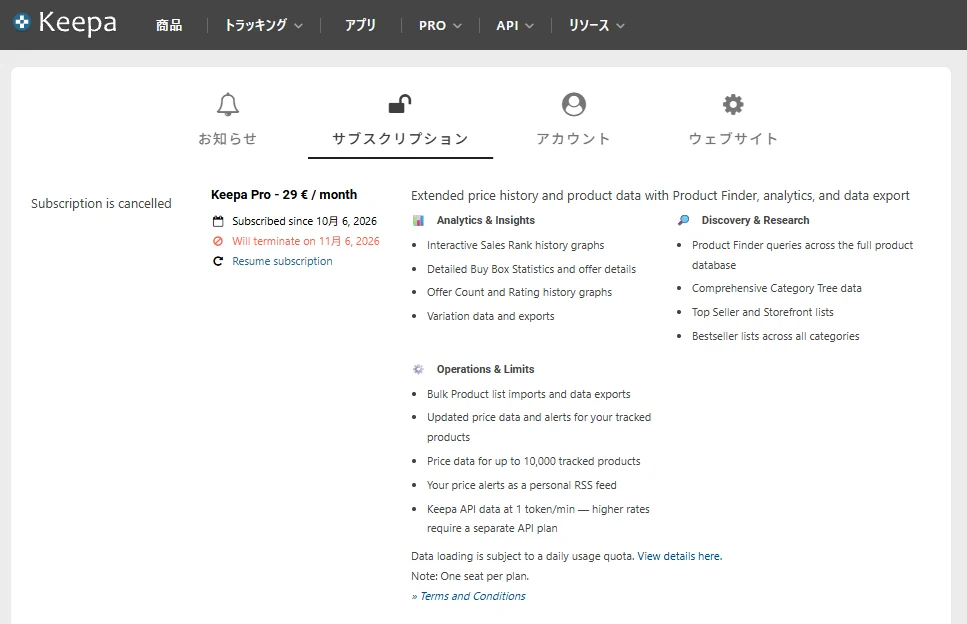 Keepa Proを解約したあとの画面。Will terminate on(利用期限)の日付が表示される