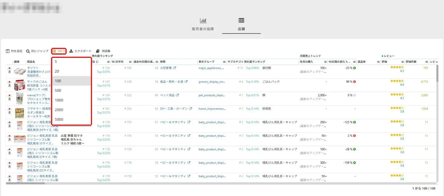 店舗タブの行数のメニュー。5から5000まで選べる