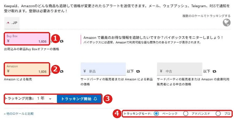 Keepaの商品のトラッキング画面(ベーシック)。Buy BoxとAmazonの希望価格、トラッキング対象の期間、トラッキング開始ボタン
