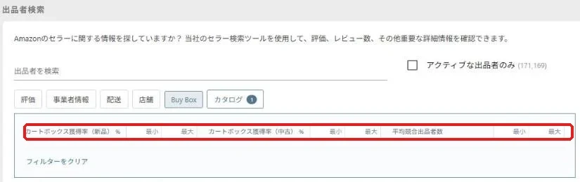 出品者検索のBuy Boxの絞り込み。カートボックス獲得率と平均競合出品者数