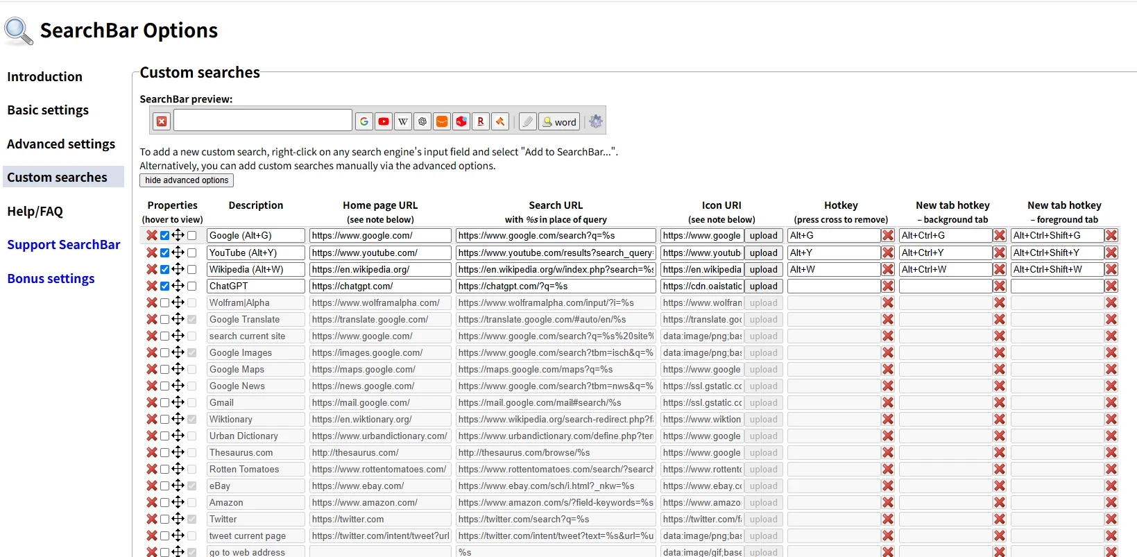 SearchBar Optionsの「Custom searches」画面。上にプレビュー、下にボタンの一覧