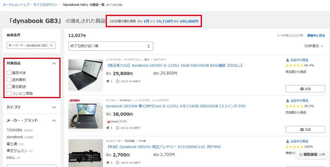 ヤフオクの落札相場のページ。180日間の最安・平均・最高と、送料無料などの絞り込み
